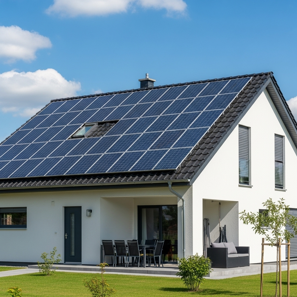 Maison moderne avec panneaux solaires sur le toit